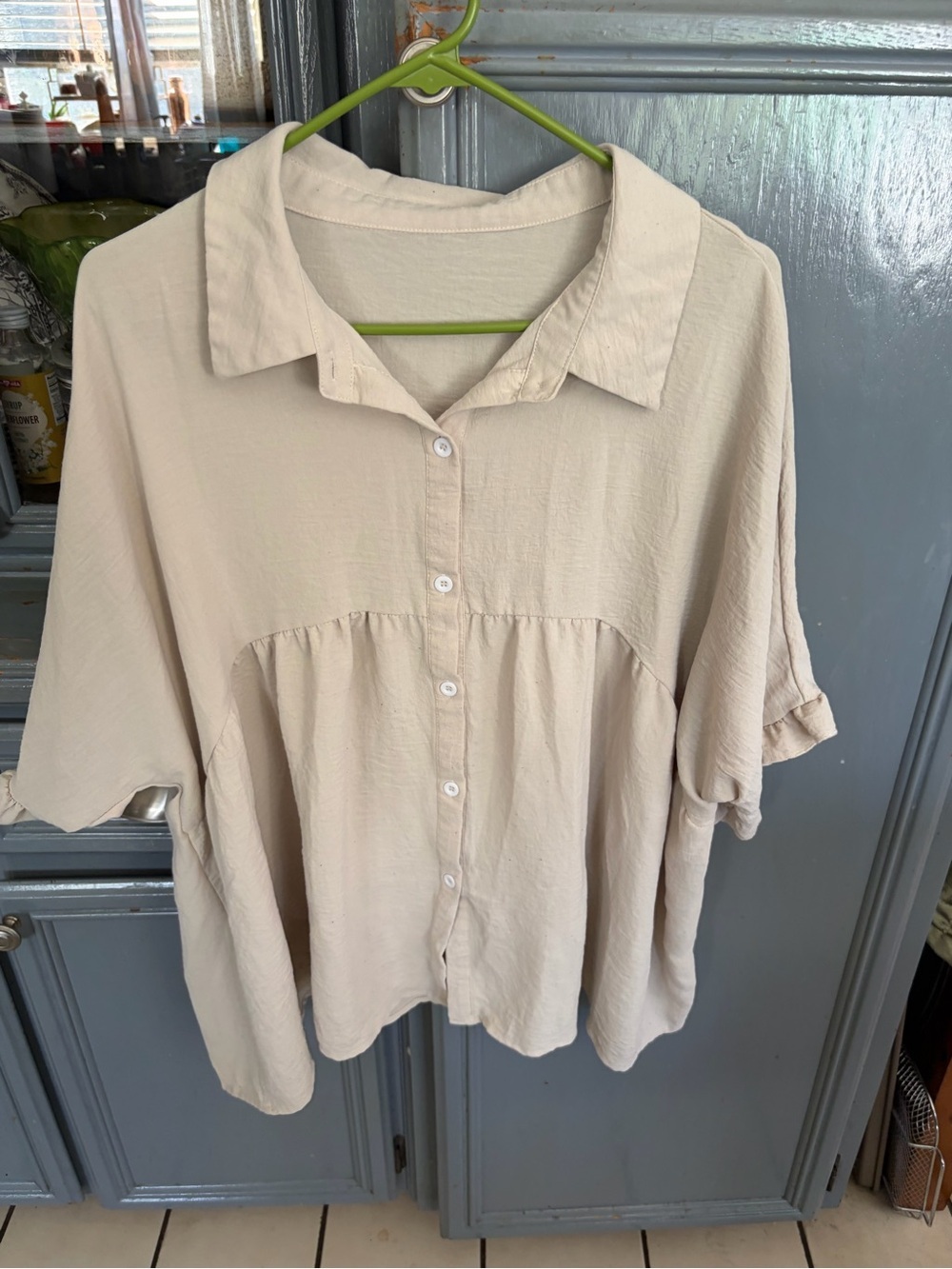Relaxed Cream Button-Front Short Sleeve Shirt